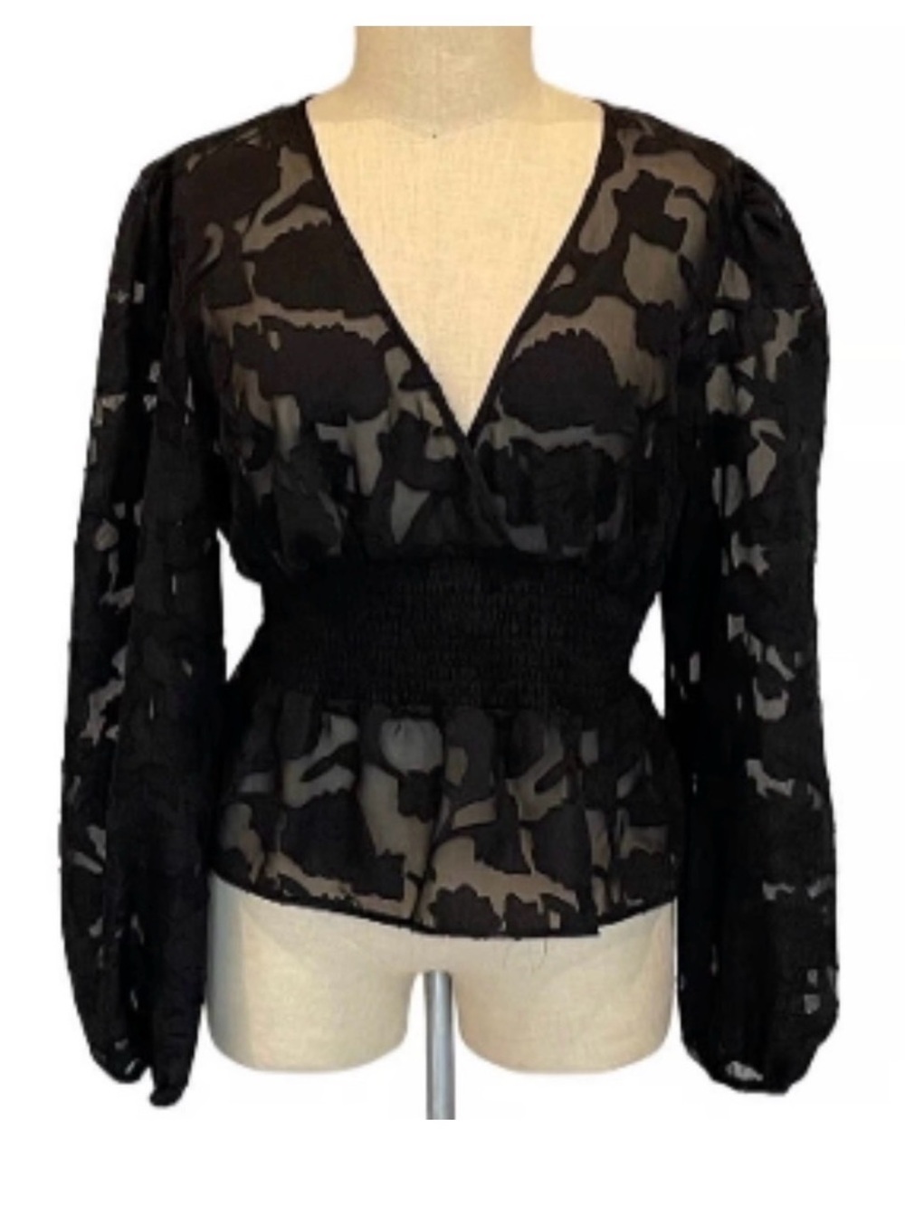 Sincerely Jules Black Sheer Smocked-Waist V-Neck Blouse